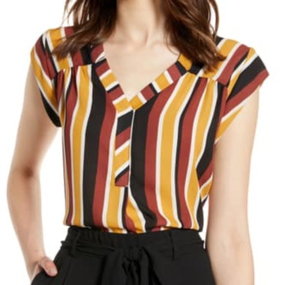 Halogen Notched Neck Blouse (sz M, blk/rust/ylw) - Picture 1 of 5